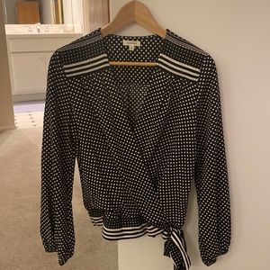 Max Studio Black and white polka dot wrap top.